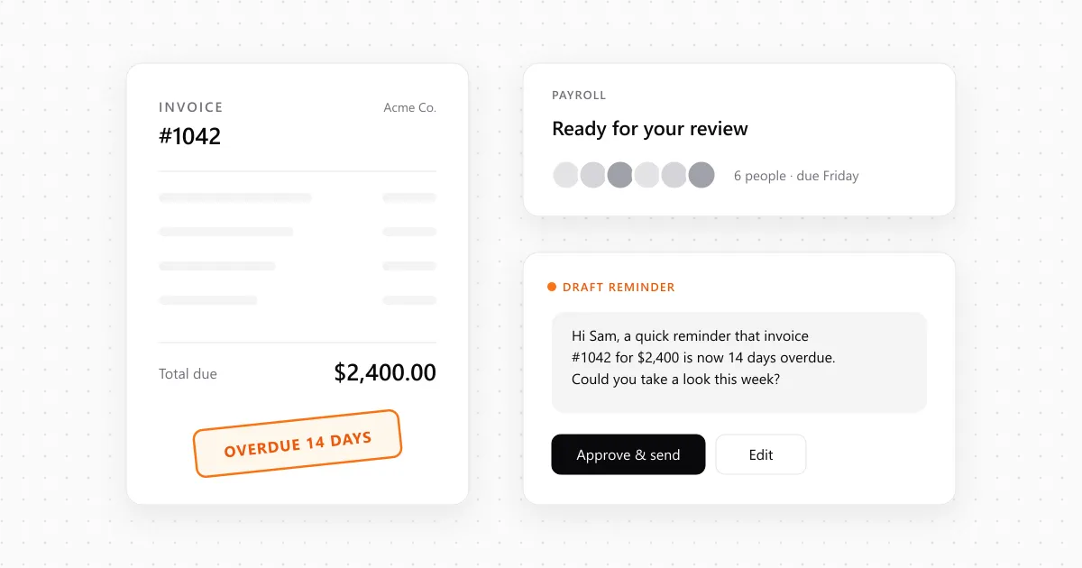 An overdue invoice, a payroll review card and a drafted payment reminder waiting for approval